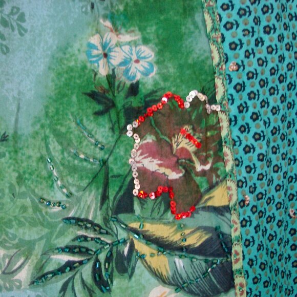Green Floral Summer Midi Skirt Sequins Beads Cotton Made in France Size Medium - Picture 4 of 13